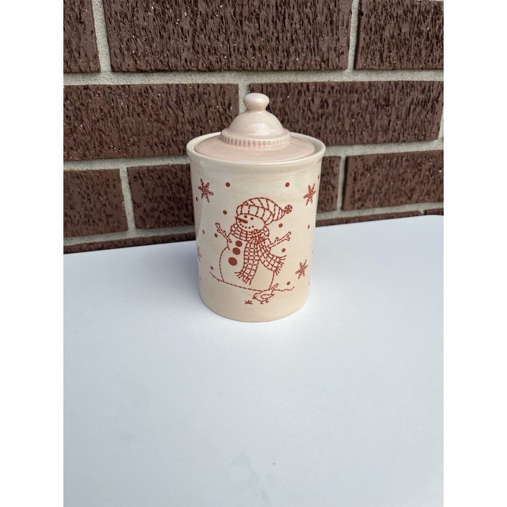 Vintage Red Snowman & Snowflakes Beige Christmas Crock w/‎ Sealing Lid